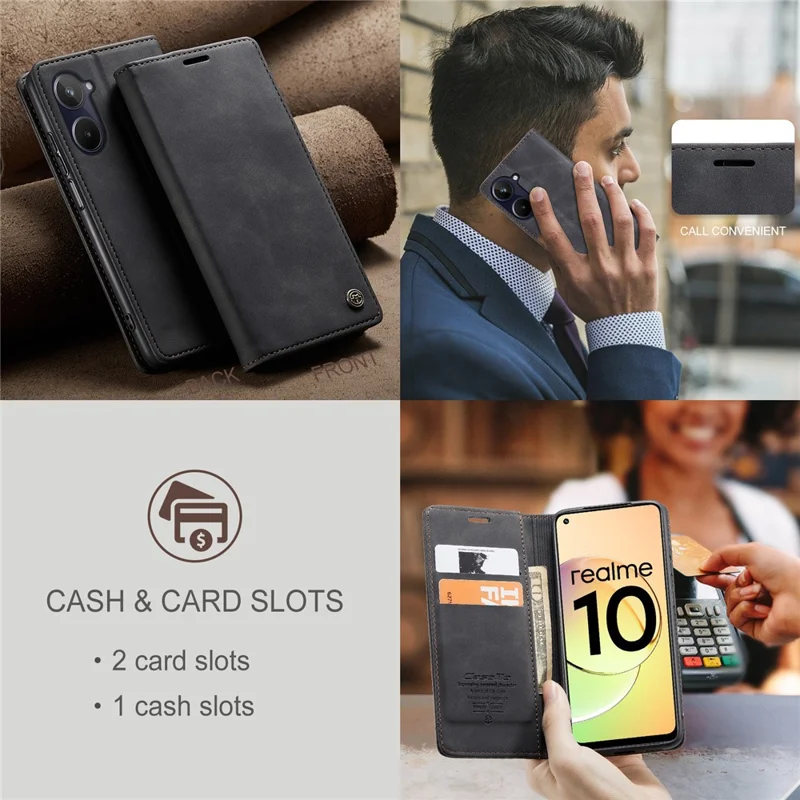 CASEME 013 Serie para Realme 10 4G Funda de billetera de piel sintética con soporte Flip Cell Phone Cover - Negro