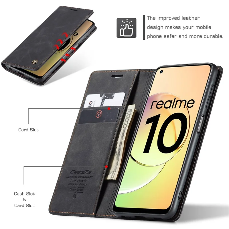 CASEME 013 Serie para Realme 10 4G Funda de billetera de piel sintética con soporte Flip Cell Phone Cover - Negro