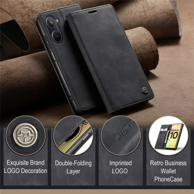CASEME 013 Serie para Realme 10 4G Funda de billetera de piel sintética con soporte Flip Cell Phone Cover - Negro