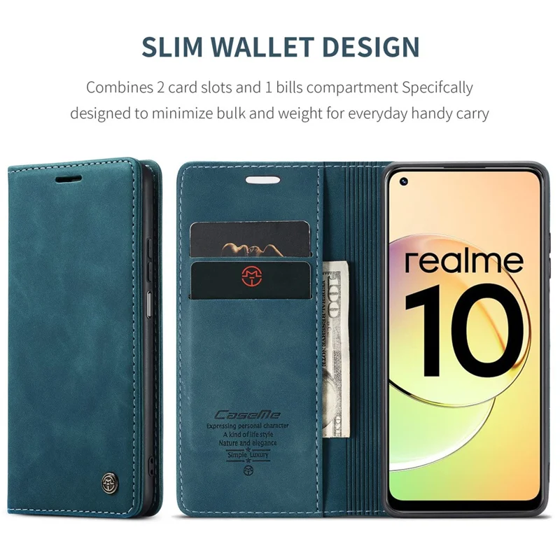 CASEME 013 Series For Realme 10 4G PU Leather Stand Wallet Case Flip Cell Phone Cover - Blue