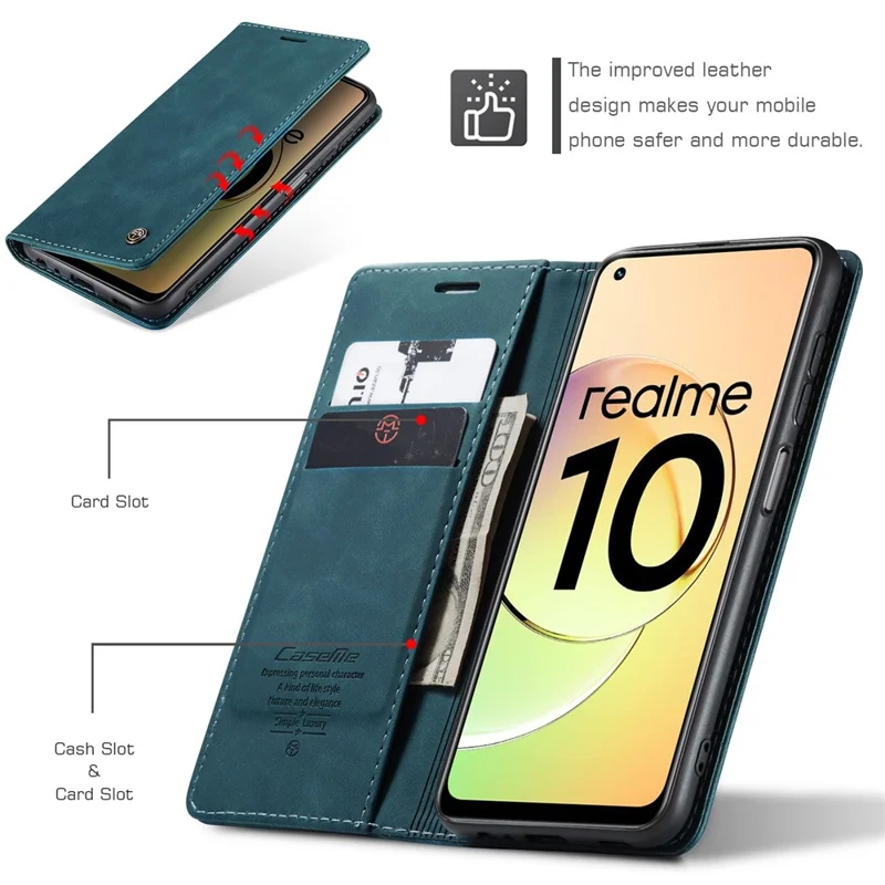 CASEME 013 Series For Realme 10 4G PU Leather Stand Wallet Case Flip Cell Phone Cover - Blue