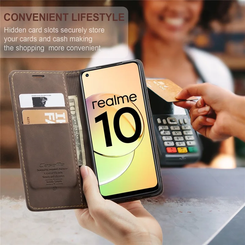 CASEME 013 Series For Realme 10 4G PU Leather Stand Wallet Case Flip Cell Phone Cover - Coffee