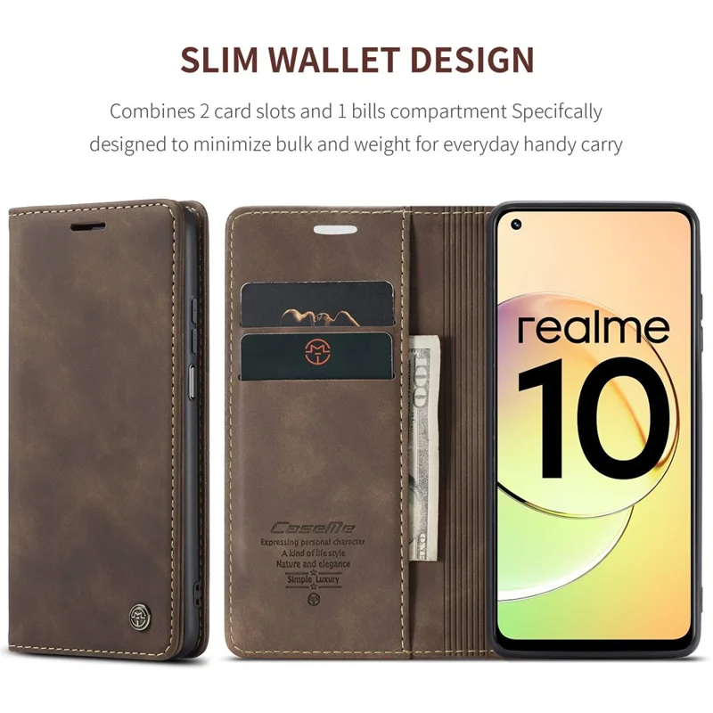CASEME 013 Series For Realme 10 4G PU Leather Stand Wallet Case Flip Cell Phone Cover - Coffee
