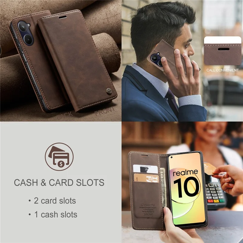 CASEME 013 Series For Realme 10 4G PU Leather Stand Wallet Case Flip Cell Phone Cover - Coffee