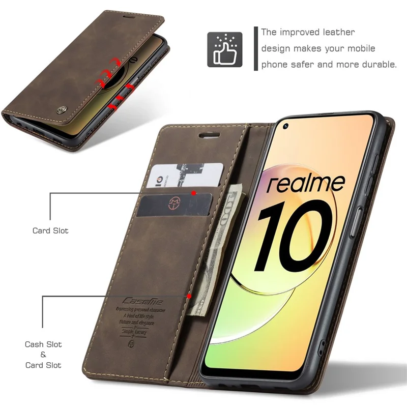 CASEME 013 Series For Realme 10 4G PU Leather Stand Wallet Case Flip Cell Phone Cover - Coffee