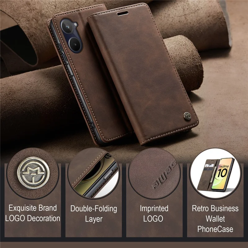 CASEME 013 Series For Realme 10 4G PU Leather Stand Wallet Case Flip Cell Phone Cover - Coffee
