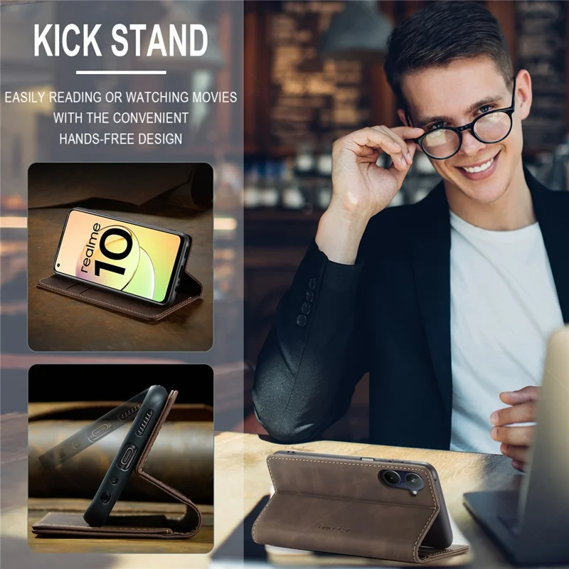 CASEME 013 Series For Realme 10 4G PU Leather Stand Wallet Case Flip Cell Phone Cover - Coffee