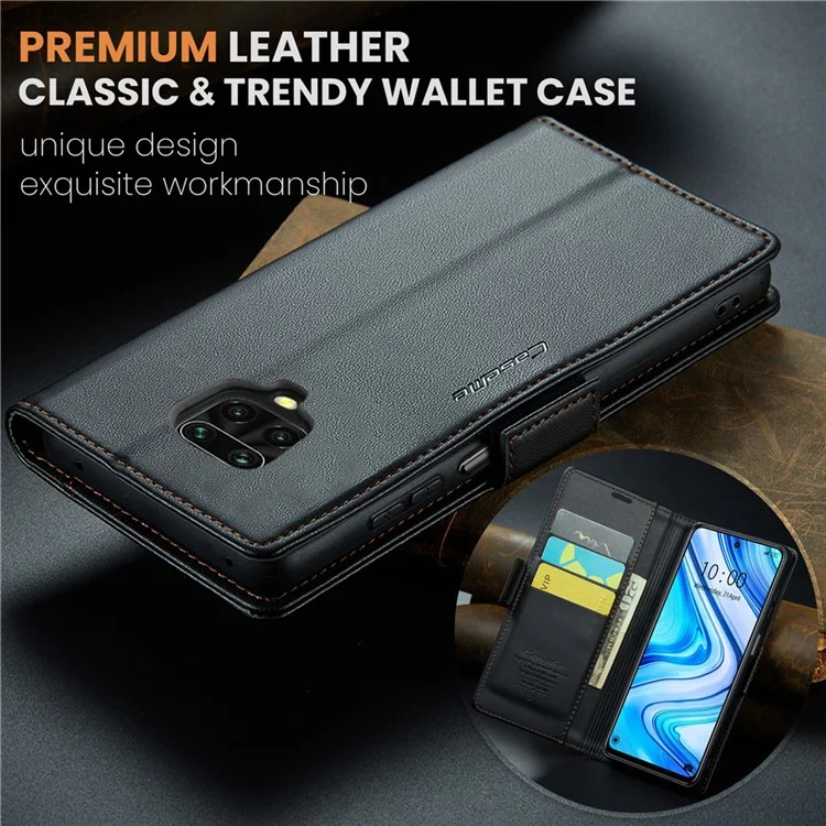 CASEME 023 Serie für Xiaomi Redmi Note 9S 4G / Note 9 Pro 4G / Note 9 Pro Max Brieftaschen-Handyhülle RFID-Blockierung Stativ Lederhülle - Schwarz