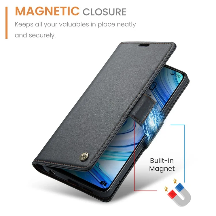 CASEME 023 Serie für Xiaomi Redmi Note 9S 4G / Note 9 Pro 4G / Note 9 Pro Max Brieftaschen-Handyhülle RFID-Blockierung Stativ Lederhülle - Schwarz