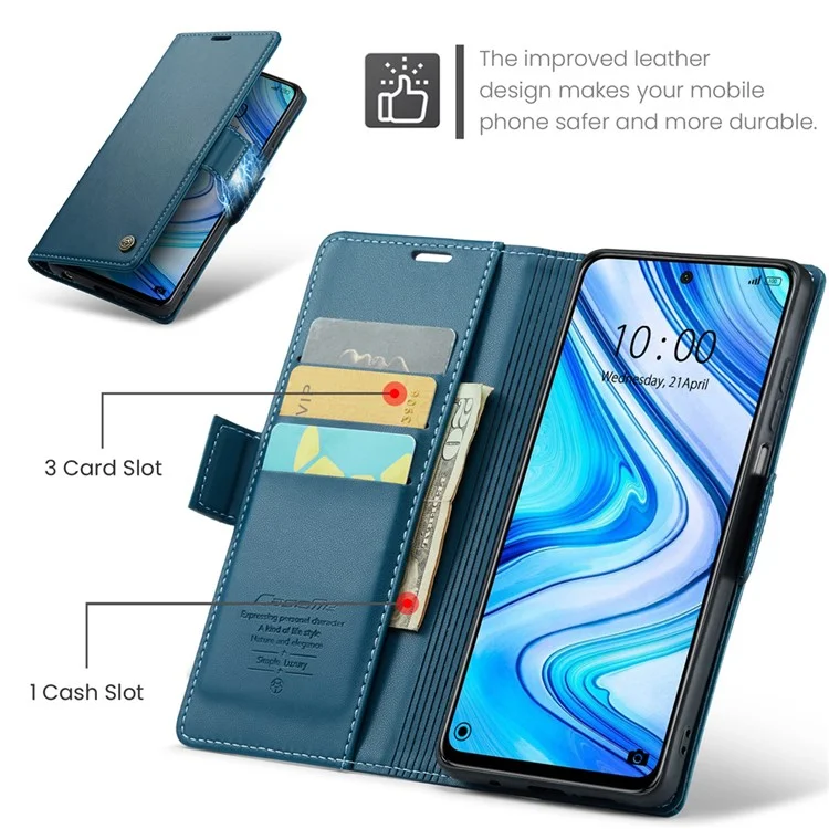 For Xiaomi Redmi Note 9S 4G / Note 9 Pro 4G / Note 9 Pro Max Leather Case CASEME 023 RFID Blocking 3 Card Slot Mobile Cover - Blue