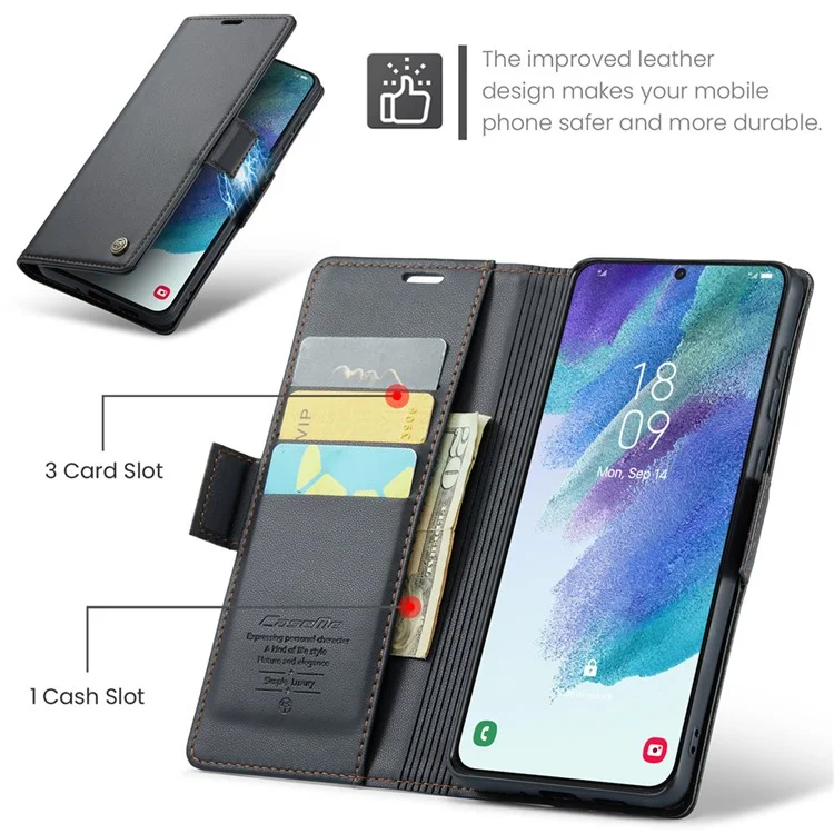 CASEME 023 Serie per Samsung Galaxy S21 FE 5G Custodia Portafoglio in Pelle PU con Copertura Telefonica RFID Blocking Stand - Nero