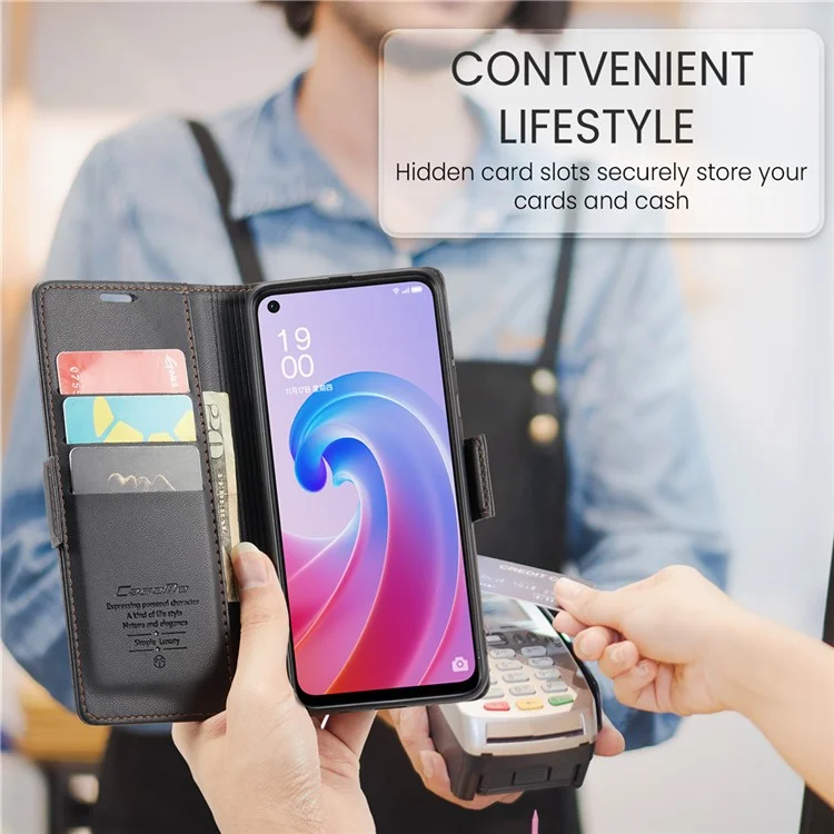 CASEME 023 Серия для Oppo A96 4G / A36 / A76 / K10 4G / Realme 9i 4G RFID Блокирующий кожаный чехол-кошелек с подставкой для телефона - Черный