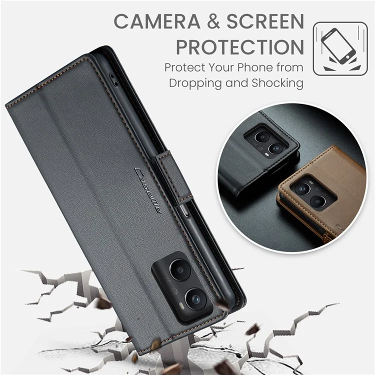 CASEME 023 Серия для Oppo A96 4G / A36 / A76 / K10 4G / Realme 9i 4G RFID Блокирующий кожаный чехол-кошелек с подставкой для телефона - Черный