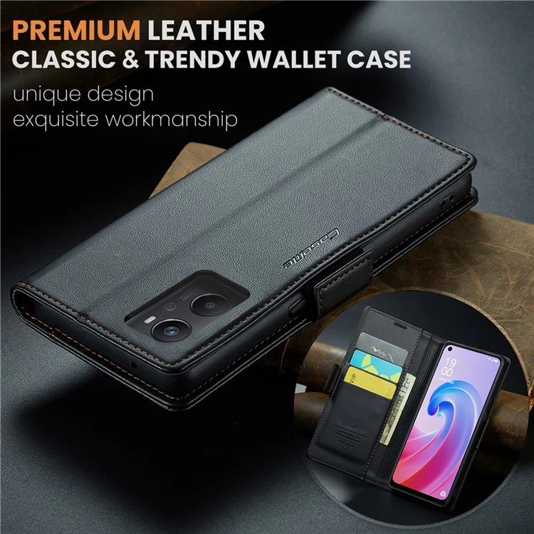 CASEME 023 Серия для Oppo A96 4G / A36 / A76 / K10 4G / Realme 9i 4G RFID Блокирующий кожаный чехол-кошелек с подставкой для телефона - Черный