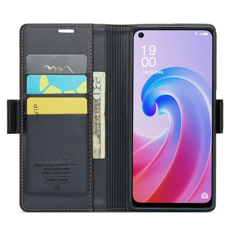 CASEME 023 Серия для Oppo A96 4G / A36 / A76 / K10 4G / Realme 9i 4G RFID Блокирующий кожаный чехол-кошелек с подставкой для телефона - Черный