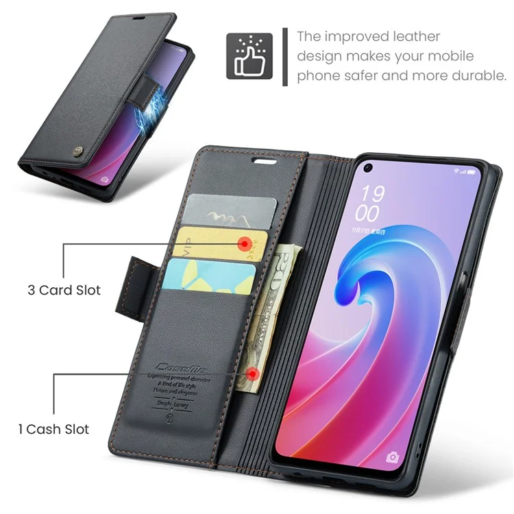 CASEME 023 Серия для Oppo A96 4G / A36 / A76 / K10 4G / Realme 9i 4G RFID Блокирующий кожаный чехол-кошелек с подставкой для телефона - Черный