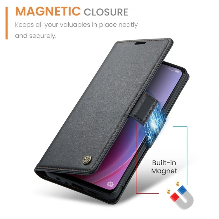 CASEME 023 Серия для Oppo A96 4G / A36 / A76 / K10 4G / Realme 9i 4G RFID Блокирующий кожаный чехол-кошелек с подставкой для телефона - Черный
