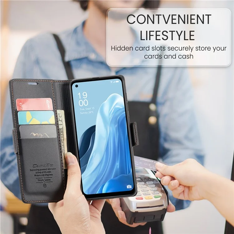 CASEME 023 Series для Oppo Reno7 4G / Reno8 4G / F21 Pro 4G RFID-блокирующий чехол-кошелек из кожи - черный