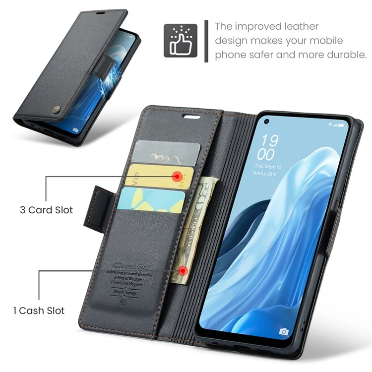 CASEME 023 Series для Oppo Reno7 4G / Reno8 4G / F21 Pro 4G RFID-блокирующий чехол-кошелек из кожи - черный