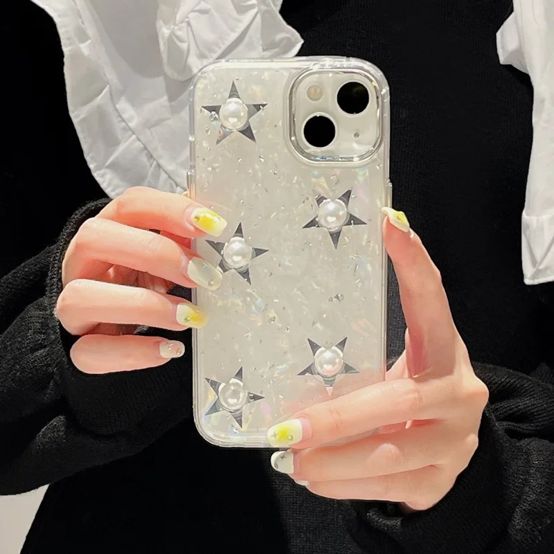 For iPhone 14 Electroplating Phone Case Acrylic+TPU Mobile Phone Shell Pearl Star Decor Cover