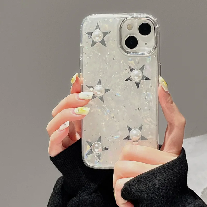 For iPhone 14 Electroplating Phone Case Acrylic+TPU Mobile Phone Shell Pearl Star Decor Cover
