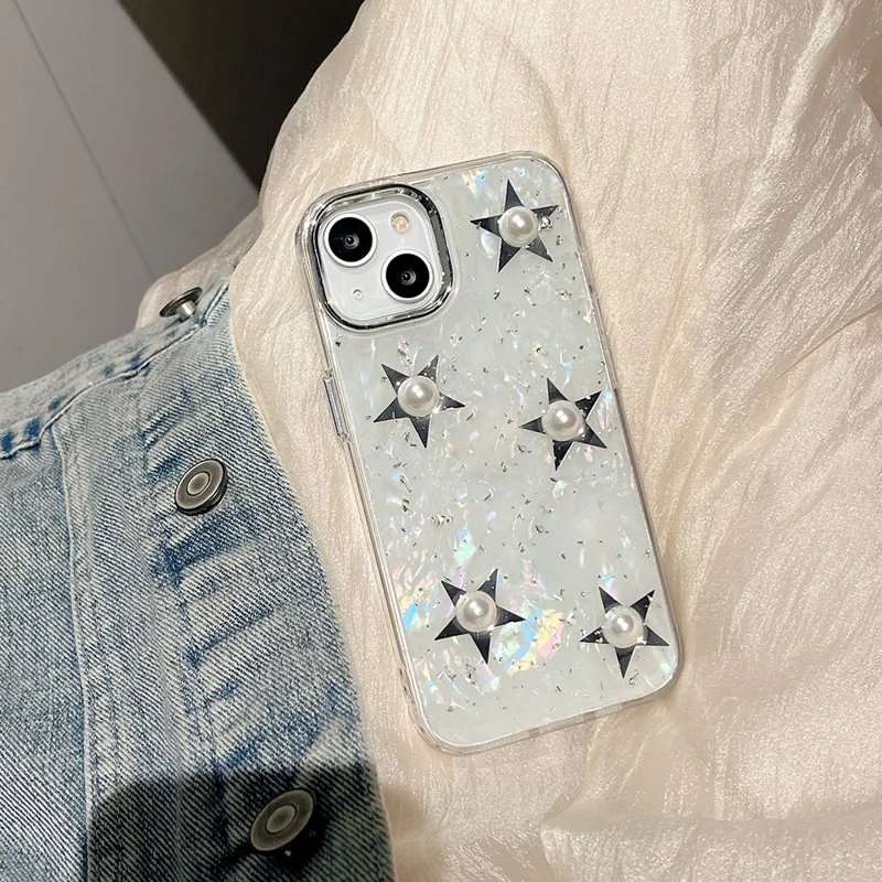 For iPhone 14 Electroplating Phone Case Acrylic+TPU Mobile Phone Shell Pearl Star Decor Cover