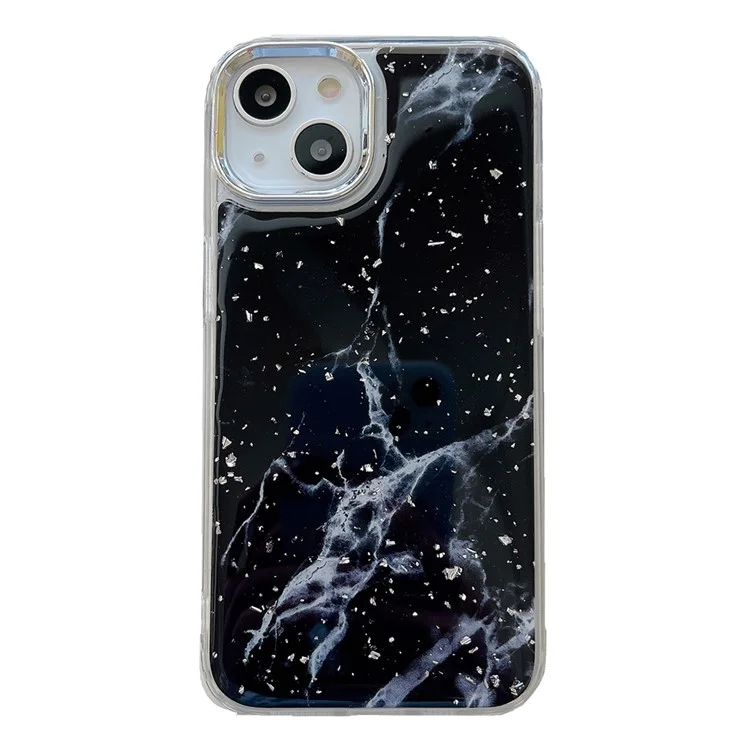 Para iPhone 13 Epoxy Hard Acrylic+TPU Phone Shell Electroplating Marble Pattern Silver Foil Phone Case - Black