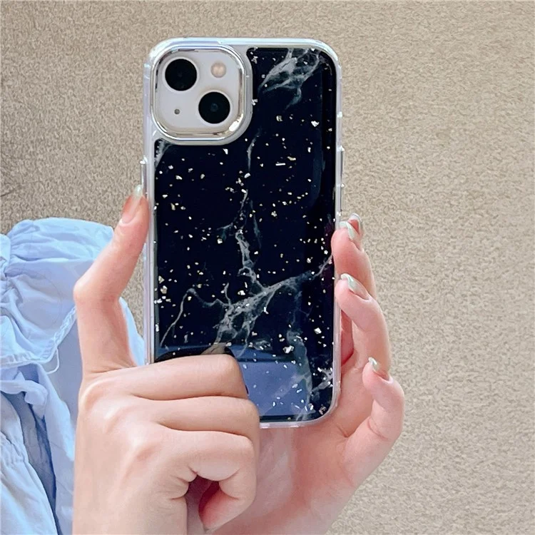 Para iPhone 13 Epoxy Hard Acrylic+TPU Phone Shell Electroplating Marble Pattern Silver Foil Phone Case - Black