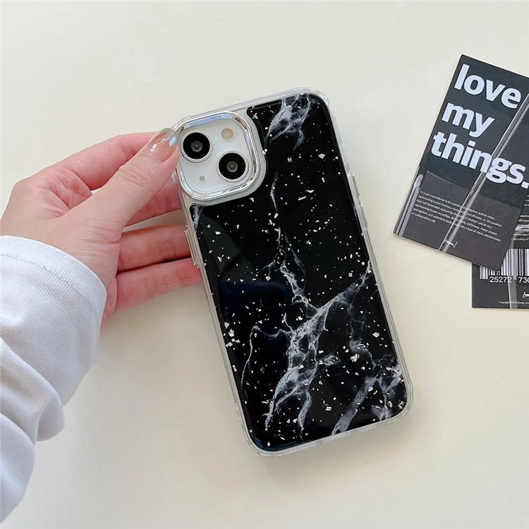 Para iPhone 13 Epoxy Hard Acrylic+TPU Phone Shell Electroplating Marble Pattern Silver Foil Phone Case - Black