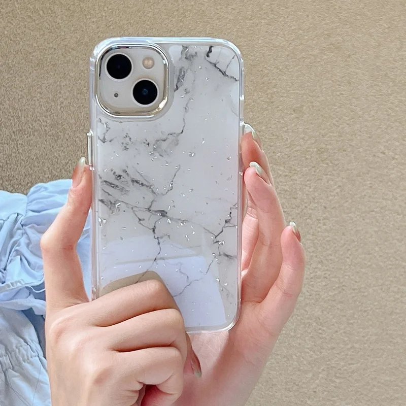For iPhone 14 Plus Hard Phone Shell Electroplating Epoxy Marble Pattern Silver Foil Acrylic+TPU Phone Case - White