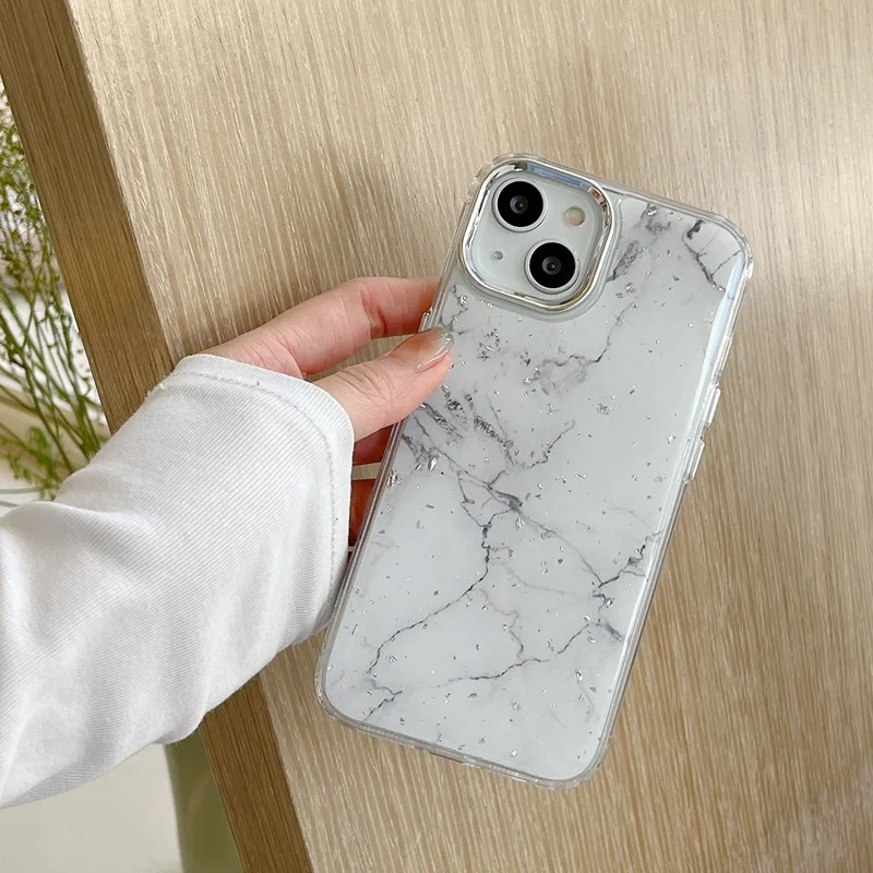 For iPhone 14 Plus Hard Phone Shell Electroplating Epoxy Marble Pattern Silver Foil Acrylic+TPU Phone Case - White
