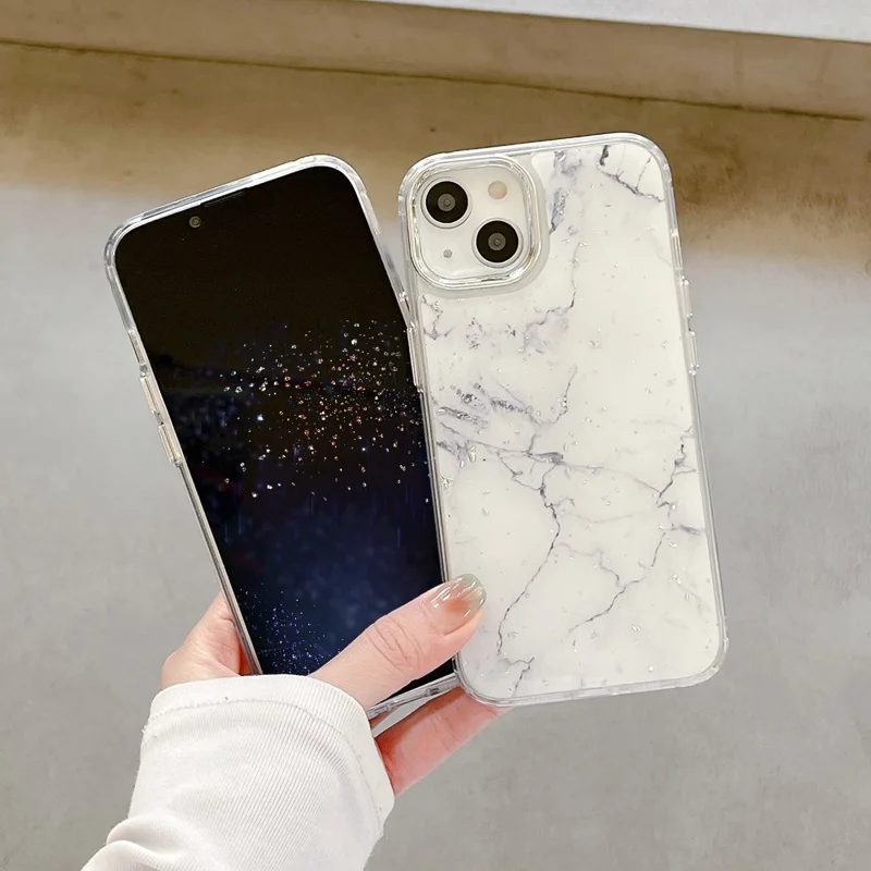 For iPhone 14 Plus Hard Phone Shell Electroplating Epoxy Marble Pattern Silver Foil Acrylic+TPU Phone Case - White