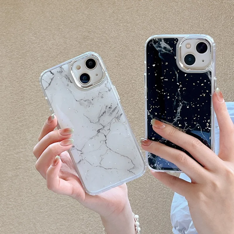 For iPhone 14 Plus Hard Phone Shell Electroplating Epoxy Marble Pattern Silver Foil Acrylic+TPU Phone Case - White