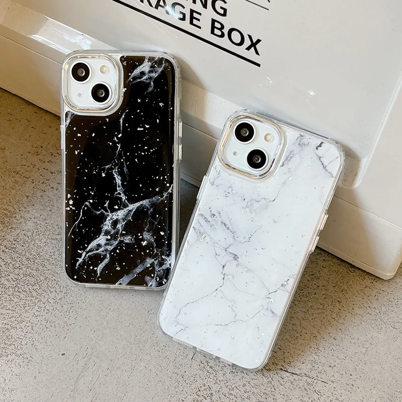 For iPhone 14 Plus Hard Phone Shell Electroplating Epoxy Marble Pattern Silver Foil Acrylic+TPU Phone Case - White