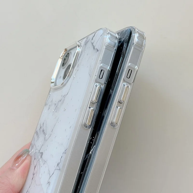 For iPhone 14 Plus Hard Phone Shell Electroplating Epoxy Marble Pattern Silver Foil Acrylic+TPU Phone Case - White