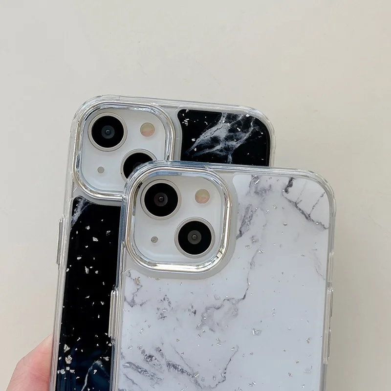For iPhone 14 Plus Hard Phone Shell Electroplating Epoxy Marble Pattern Silver Foil Acrylic+TPU Phone Case - White
