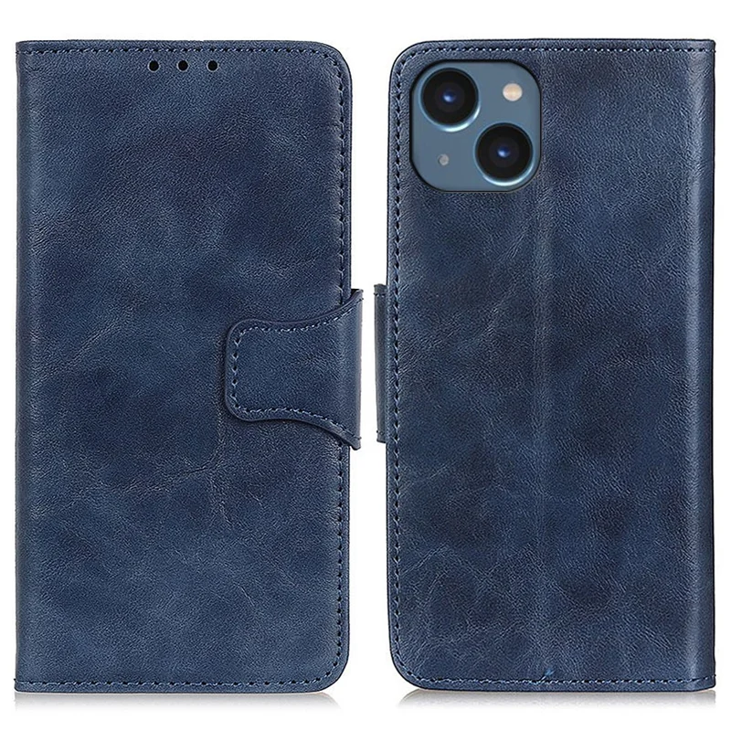 Pour iPhone 15 Anti-scratch Split Leather Crazy Horse Texture Case Stand Wallet Flip Phone Cover - Bleu