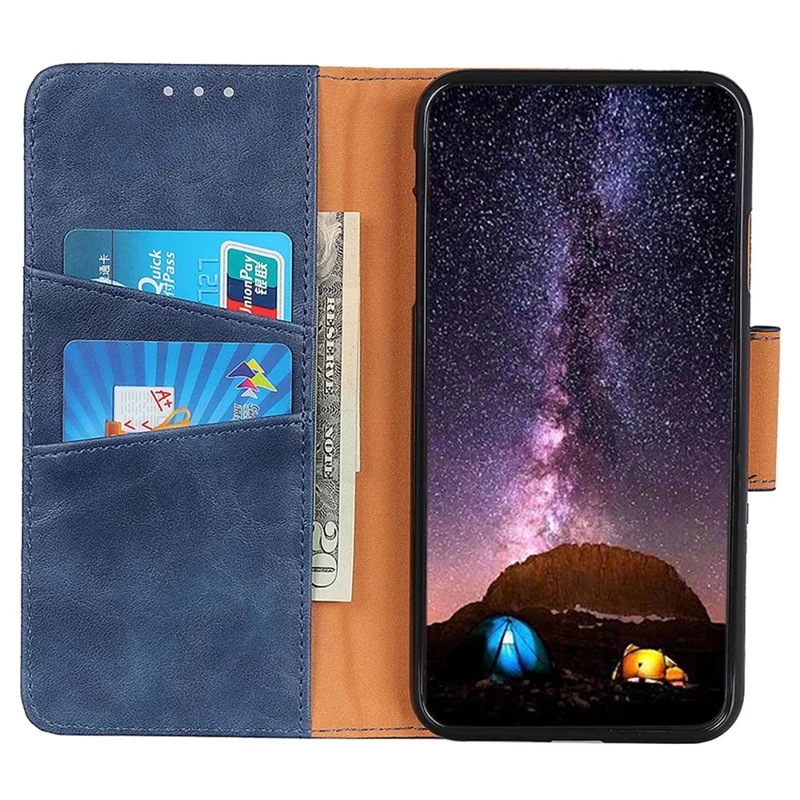 Pour iPhone 15 Anti-scratch Split Leather Crazy Horse Texture Case Stand Wallet Flip Phone Cover - Bleu