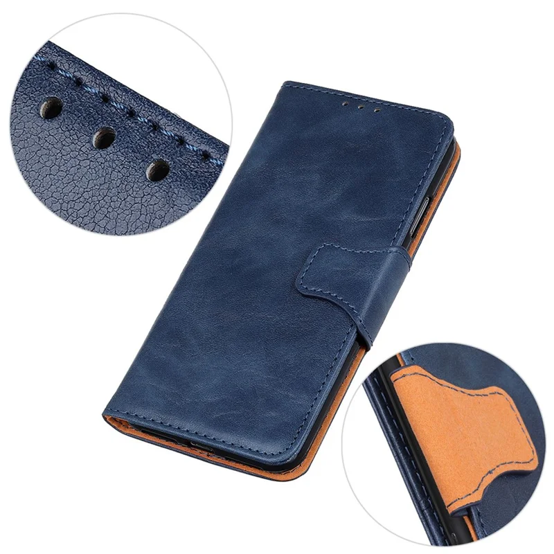 Pour iPhone 15 Anti-scratch Split Leather Crazy Horse Texture Case Stand Wallet Flip Phone Cover - Bleu