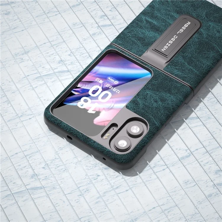 ABEEL Для Oppo Find N2 Flip 5G Kickstand Phone Case PU Leather+PC Litchi Texture Back Cover - Blue