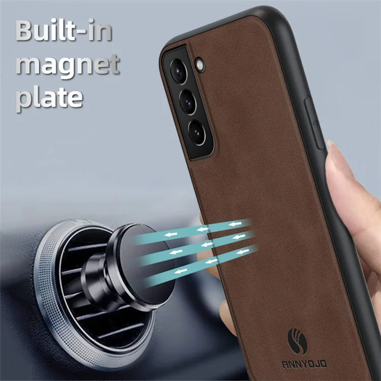 ANNYOJO For Samsung Galaxy S21 FE 5G Magnetic Car Mount Phone Cover PU Leather Coated PC+TPU Case - Coffee