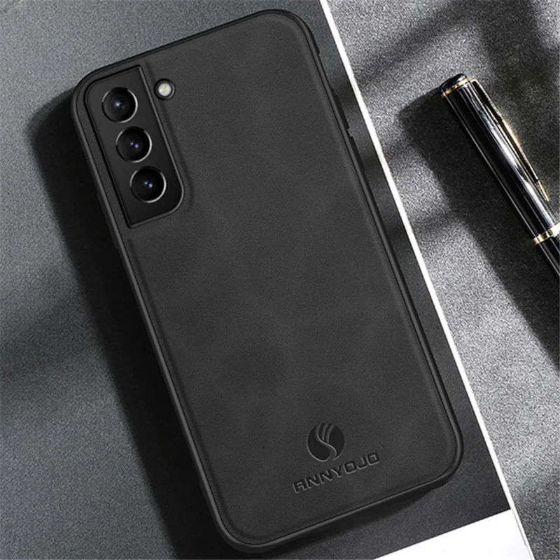 ANNYOJO For Samsung Galaxy S21 FE 5G Magnetic Car Mount Phone Cover PU Leather Coated PC+TPU Case - Black