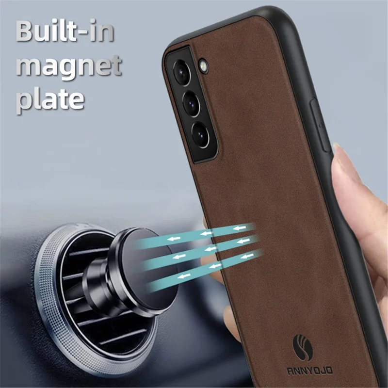 ANNYOJO For Samsung Galaxy S21 FE 5G Magnetic Car Mount Phone Cover PU Leather Coated PC+TPU Case - Black