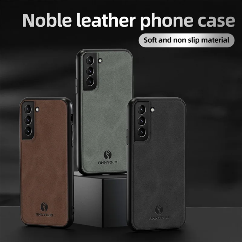 ANNYOJO For Samsung Galaxy S21 FE 5G Magnetic Car Mount Phone Cover PU Leather Coated PC+TPU Case - Black
