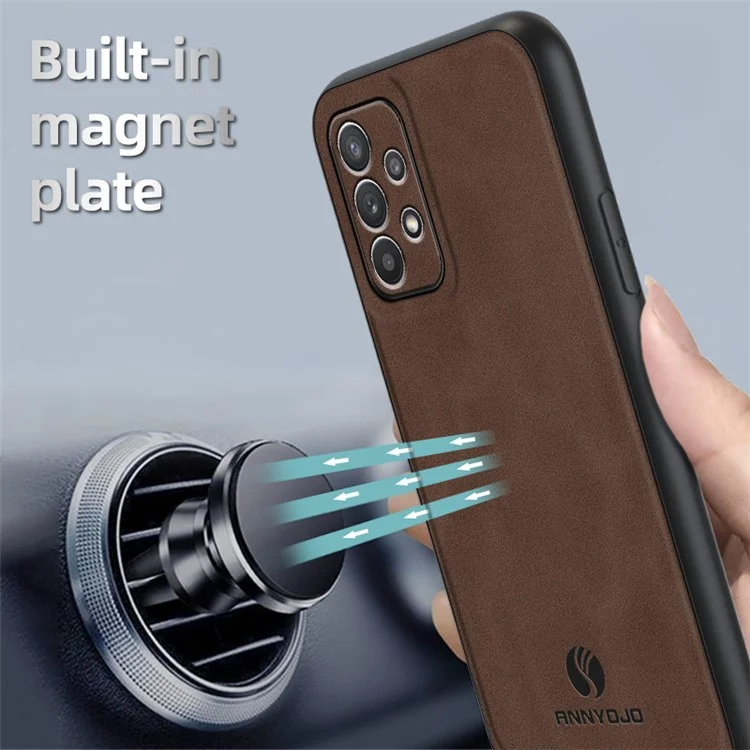ANNYOJO Pour Samsung Galaxy A32 4G (Version UE) Étui de téléphone portable en cuir PU + PC + TPU avec support de voiture magnétique - Gris