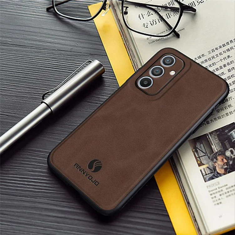ANNYOJO For Samsung Galaxy A34 5G Phone Cover PU Leather Coated PC+TPU Case Support Magnetic Car Mount - Coffee