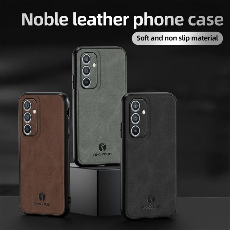 ANNYOJO For Samsung Galaxy A34 5G Phone Cover PU Leather Coated PC+TPU Case Support Magnetic Car Mount - Coffee