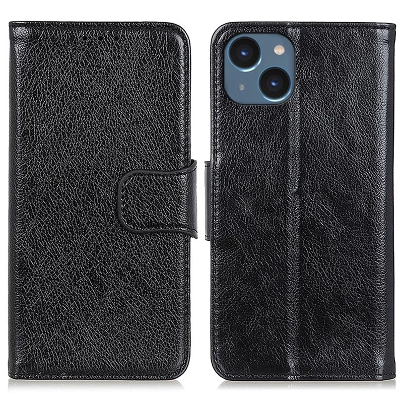 For iPhone 15 Split Leather Phone Case Nappa Texture Anti-drop Protective Cover with Stand Wallet - Black