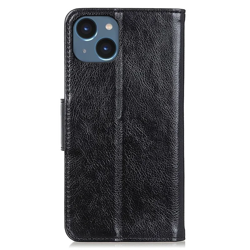For iPhone 15 Split Leather Phone Case Nappa Texture Anti-drop Protective Cover with Stand Wallet - Black