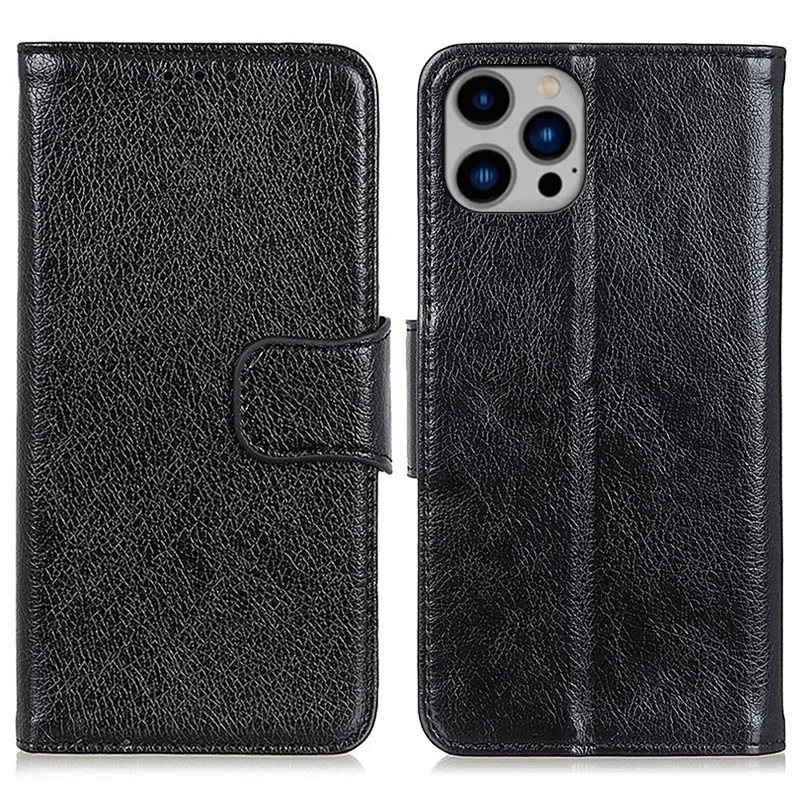 Para iPhone 15 Pro Split Leather Phone Case Nappa Texture Shockproof Cover with Stand Wallet - Preto